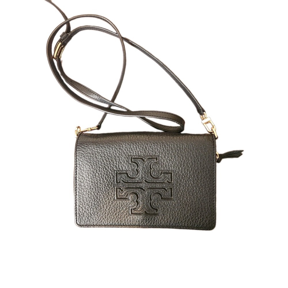 Tory Burch Black Harper Flat Wallet Crossbody Clutch Bag Stitched Logo